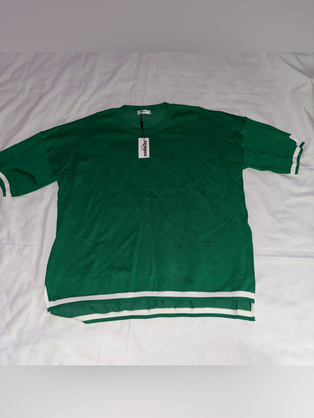 zeagoo Green Short-Sleeve Knit Top with White Trim